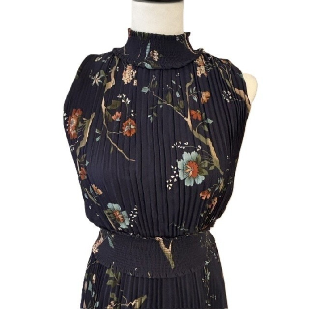 Nanette Lepore Pleated Midi Dress Women 6 Navy Blue Floral Smocked Waist - Picture 9 of 15